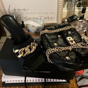 Black and Gold studded mule sandals with matching bag